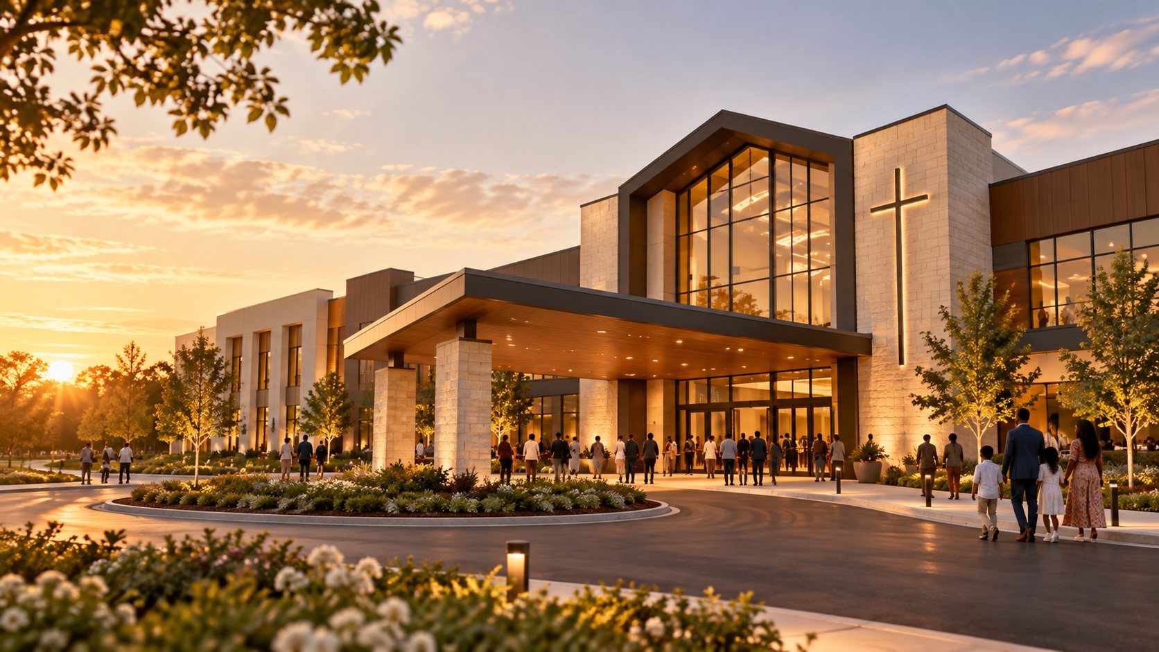 Illustrative concept of a large, modern church building; not an approved architectural plan